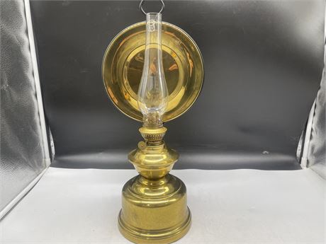 VINTAGE SOLID BRASS OIL LAMP/SCONCE W/BRASS REFLECTOR & CLEAR CHIMNEY - 20” TALL