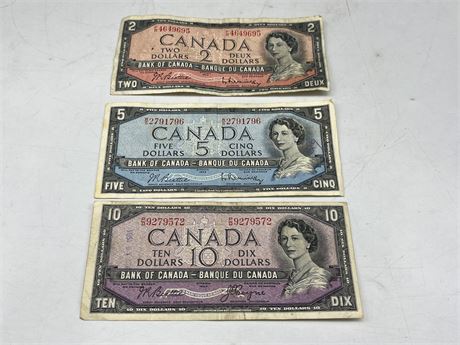 3x 1954 CANADIAN BILLS ($2,$5,$10)