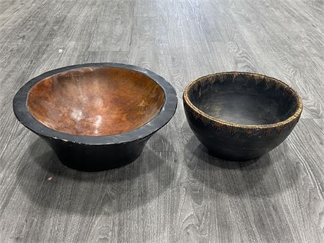 2 DECOR BOWLS - 1 WOODEN / CARVED (16”) & 1 HAND MADE (12”)