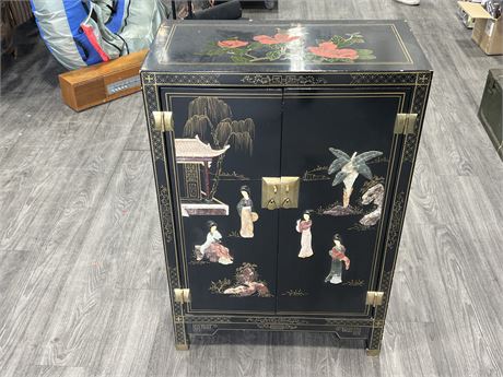 CHINESE BLACK LACQUER CABINET WITH SOAPSTONE (12”x24”x36” tall)