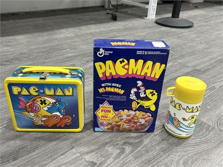 1980’S PAC MAN LUNCH BOX & THERMOS + UNOPENED PAC MAN CEREAL