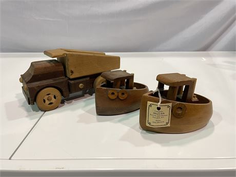 HAND CRAFTED WOODEN TRUCK / TUG BOATS MADE BY LOCAL ARTIST (6-8” LONG)