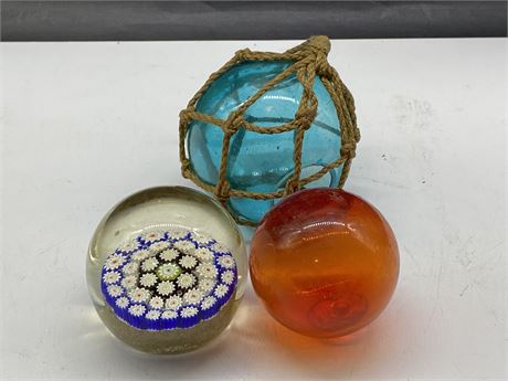 2 ANTIQUE GLASS FISHING FLOATS & PAPERWEIGHT (4” TALL)