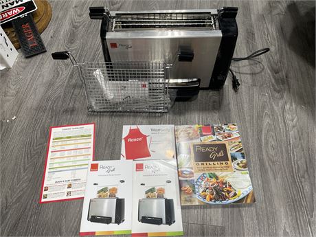 UNUSED VERSATILE RONCO READY GRILL W/INSTRUCTIONS & GRILLING BOOK