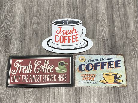 3 COFFEE THEMED SIGNS (15”X7.5” LARGEST)