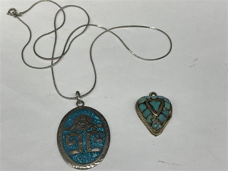 ALPACA SILVER MEXICO CRUSHED TURQUOISE PENDANT & TURQUOISE MEXICAN SILVER