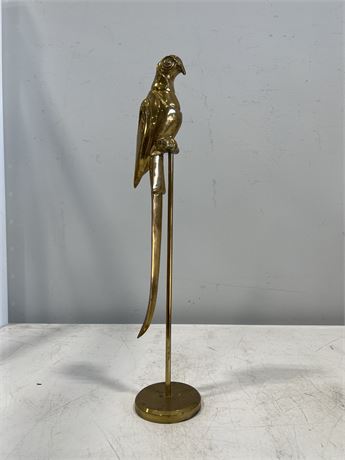 VINTAGE LARGE BRASS PARROT ON PERCH - 19” TALL