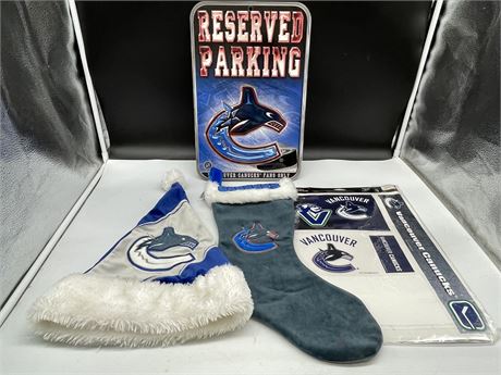 CANUCKS XMAS HAT, STOCKING & RESERVED PARKING SIGN (11”X16.5”)