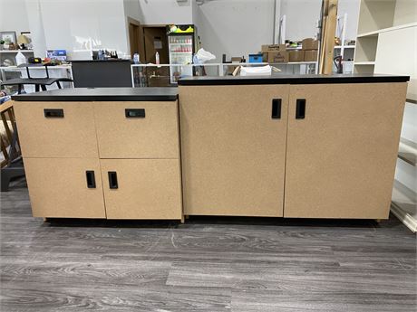2 WOOD STORAGE CABINETS (Largest is 18”x45”x35”)