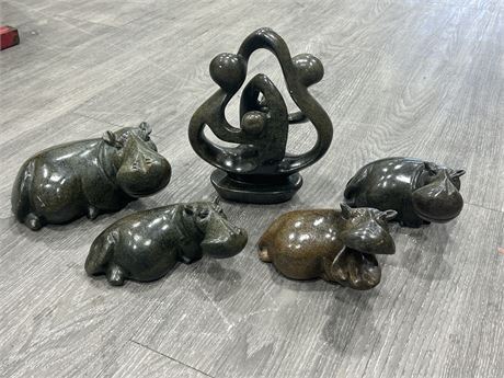 5 HANDCARVED SOAPSTONE SCULPTURES - HIPPO FAMILY & FAMILY BOND UNITY SCULPTURE