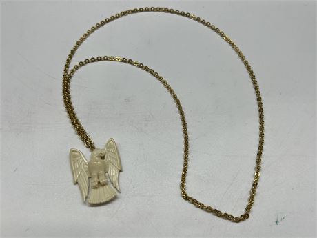 VINTAGE CARVED IVORY EAGLE PENDANT W/18” CHAIN - SIGNED G.W. MUNKO