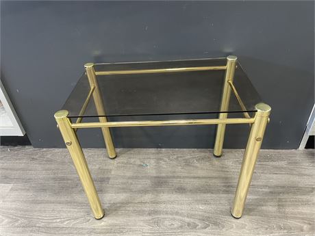 3 MCM BRASS SMOKED GLASS NESTING TABLES LARGEST 20”x12”x18”
