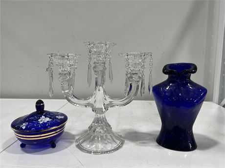 VINTAGE CRYSTAL CANDLE HOLDER 12” + BLUE ART GLASS & COBALT BLUE GLASS