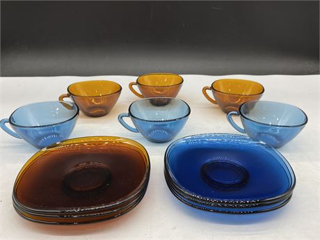 LOT OF 6 VERECO FRANCE GLASS CUPS & SAUCERS (2” TALL)