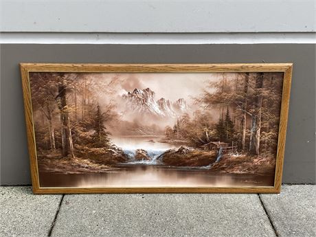LARGE SIGNED OIL ON CANVAS CABIN WATERFALL SCENE (51”X27”)
