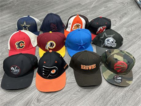 LOT OF 12 ASSORTED SPORTS TEAM HATS - VARIOUS CONDITIONS