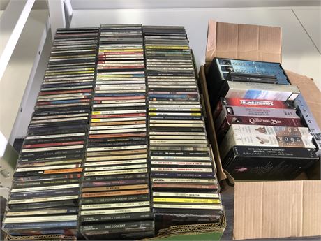 BOX OF CD'S & BOX OF VHS MOVIES