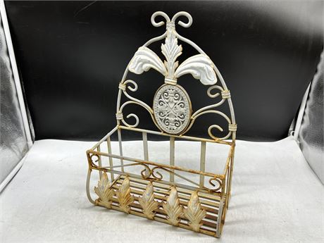 ANTIQUE STYLE WROUGHT IRON WALL BASKET (17” tall)