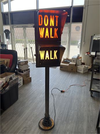 VINTAGE WORKING TRAFFIC SIGN ON STAND - 70” TALL
