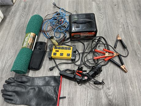 MISC TOOL LOT & OTHERS - JUMPER CABLES, BATTERY CHARGER, PORTABLE SHOVEL, ETC