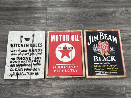 3 DECORATIVE WOODEN SIGNS - 14”x12”