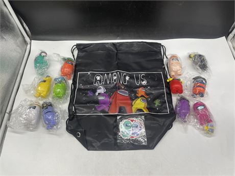 12 ASSORTED AMONG US FIGURES W/ STRING BAG & STICKERS