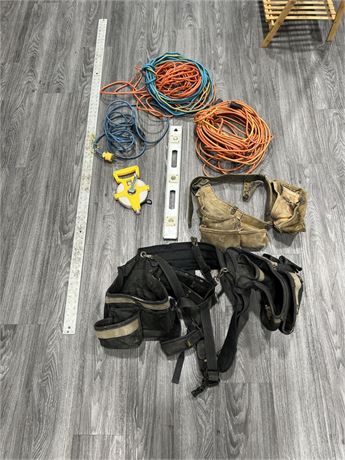 TOOL LOT - EXTENSION CORDS / CORDS + TOOL BELTS + 71” RULER / LEVEL & ECT