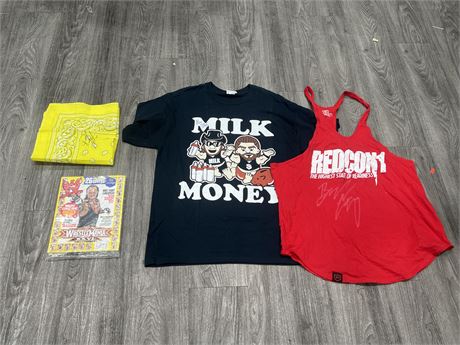 LOT OF WRESTLING COLLECTABLES & SHIRTS - 3 PIECES SIGNED