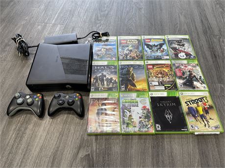 XBOX 360 SYSTEM WITH 2 CONTROLLERS & 12 GAMES (UNTESTED) (AS IS)