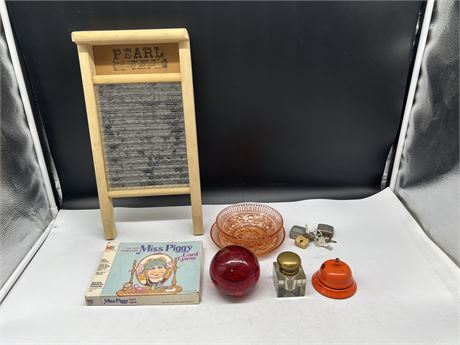 SMALL VINTAGE WASH BOARD, INK WELL, BELL, ART GLASS & ECT