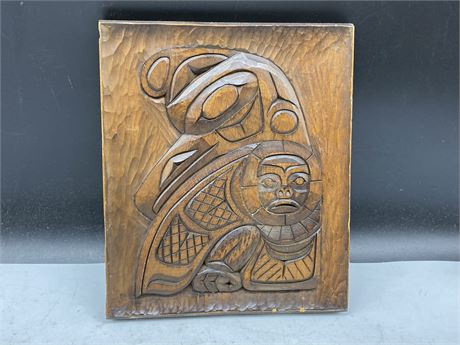 LATE, GREAT RAY WESLEY CARVED PLAQUE THUNDERBIRD/SUN SIGNED 9”x10”