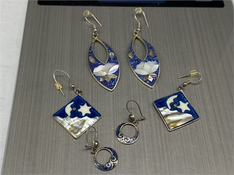 3 PAIRS OF SHELL INLAID EARRINGS