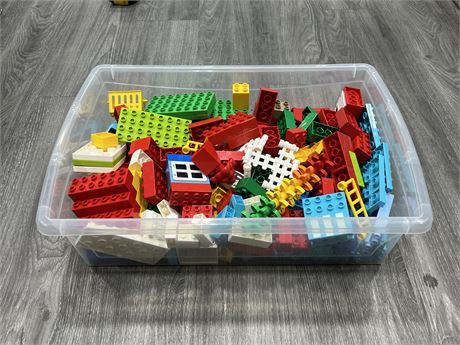 BIN OF LEGO DUPLO ASSORTED PIECES + BRICKS