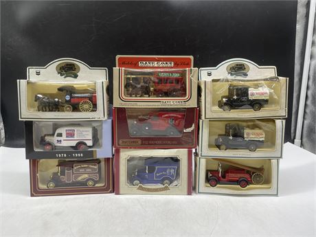9 ASSORTED IN PACKAGE DIECAST CARS INCL: MATCHBOX, OXFORD, ETC