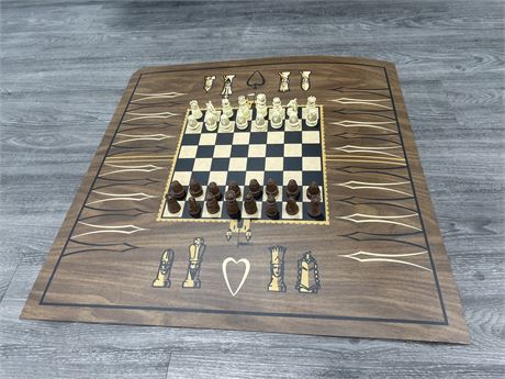 COMPLETE WOODEN CHESS SET W/ LARGE BOARD (30”x30”)