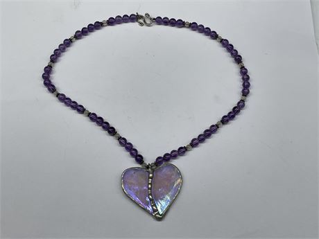 AMETHYST NECKLACE W/ STAMPED STERLING CLASP & STAINED GLASS PENDANT (17”)