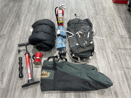 OUTDOORS LOT - WIND WALLS, BACK PACK, PUMP, CHARGED FIRE EXTINGUISHER & ECT
