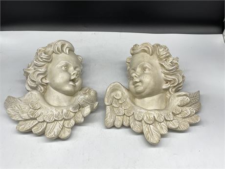 2 CHERUB WALL PIECES - CAST PLASTER BABY ANGELS 10”x9”