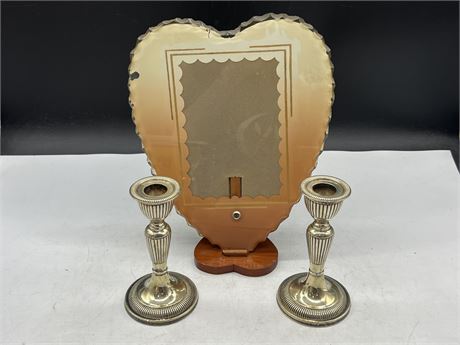 2 ANTIQUE ENGLISH CANDLESTICKS “CHEAPSIDE LONDON” & ART DECO 1930s PICTURE FRAME