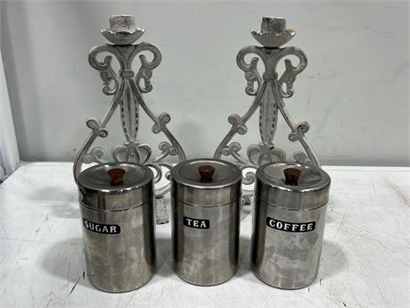 3 CHROME KITCHEN CANISTERS & WROUGHT IRON CANDLE HOLDERS (12” tall)