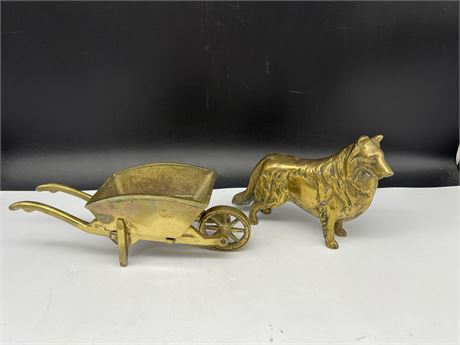 VINTAGE SOLID HEAVY BRASS DOG AND WHEEL BARROW - 9”