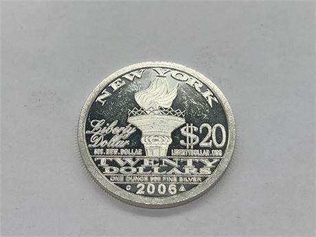 1 OZ 999 FINE SILVER $20 NEW YORK LIBERTY COIN
