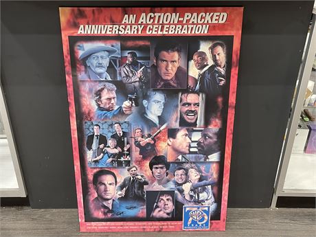 VIDEO STORE WOOD MOUNTED WARNER BROS 75TH ANNIVERSARY POSTER (27”X39”)