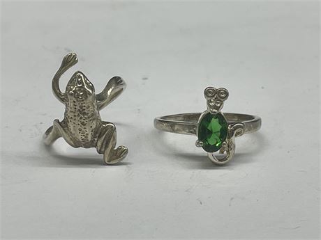 STG. 925 EMERALD OVAL MOUSE RING SZ 6.25 & 925 STG FROG RING SZ 5