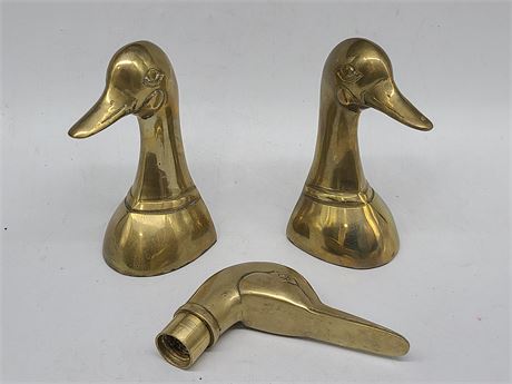 PAIR OF VINTAGE SOLID  BRASS DUCKS BOOKENDS 6" + WALKING STICK TOP
