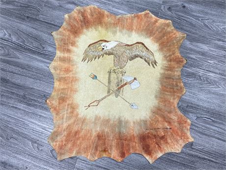 SIGNED EAGLE PAINTING ON LEATHER HIDE (24”x28”)