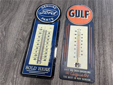 FORD & GULF REPRODUCTION TIN THERMOMETERS (16”)