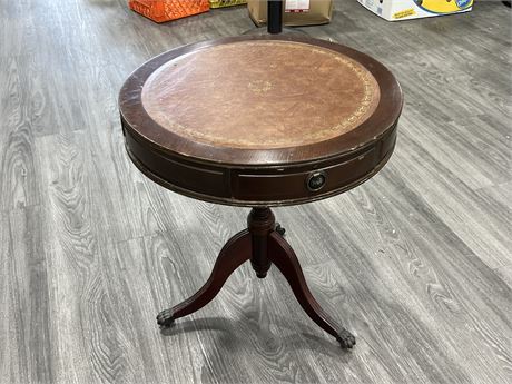 VINTAGE SIDE TABLE W/WHEELS & LEATHER TOP (20” wide, 22” tall)