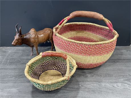 10”, 16” LEATHER HANDLE WOVEN BASKETS & 15” LEATHER BULL