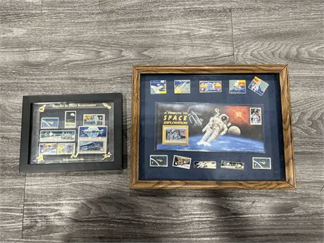 2 FRAMED SPACE EXPLORATION + HISTORY OF SPACE STAMPS & PINS 14”x11” & 9”x7”